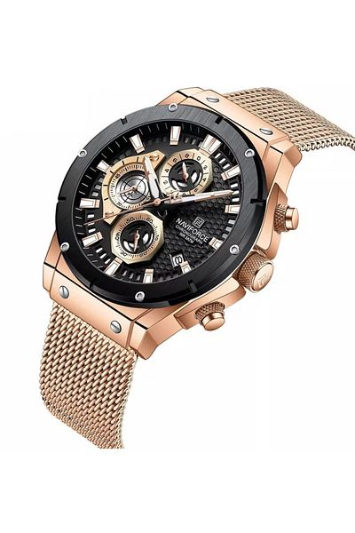 Naviforce Men's Chronograph Watch Black Dial Rose Gold Mesh Strap Water Resistant