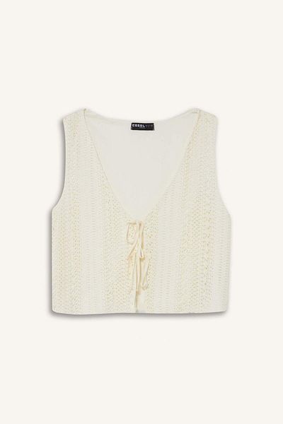 DeFacto Coool Loose Fit V Neck Knitwear Look Tie Front Sleeveless Blouse F6260Ax25Sm