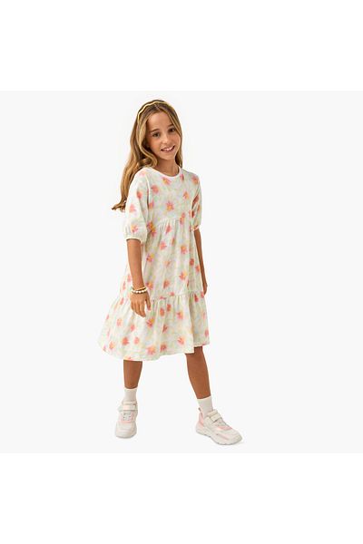 Juniors All-Over Floral Print Tiered Dress with Short Sleeves