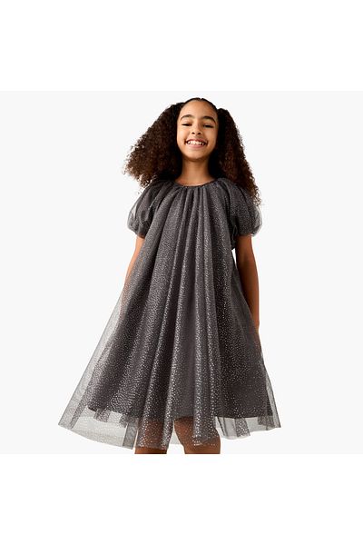 Juniors Embellished A-line Dress with Round Neck and Short Sleeves