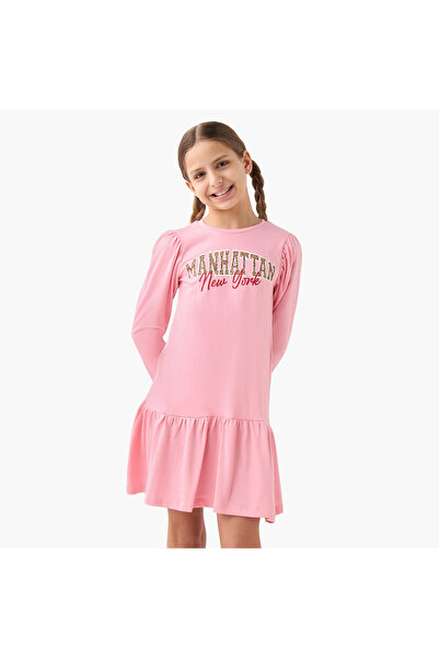 Juniors Printed Drop Waist Dress with Round Neck and Long Sleeves