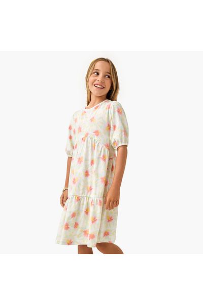 Juniors All-Over Floral Print Tiered Dress with Short Sleeves
