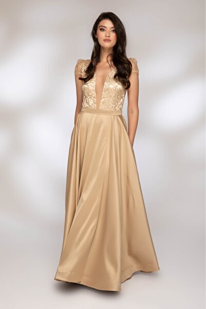 Atmosphere Fashion Rochie lungă aurie cu dantelă la bust