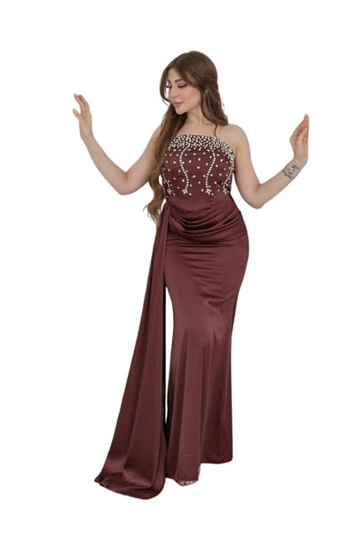 Nice Model Burgundy Pearl Embroidered Evening Gown Strapless Mermaid Prom Dress Long Formal Party Wear