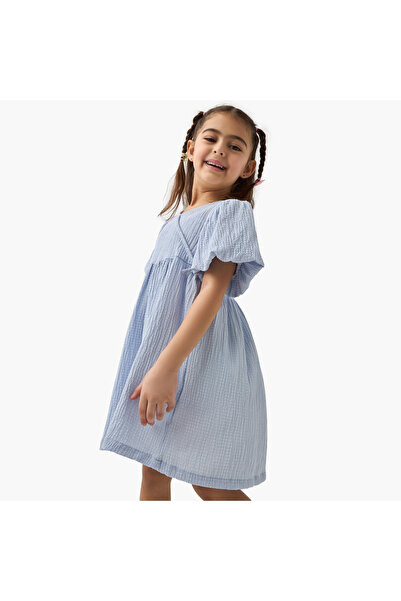 Juniors Textured A-line Dress with Puff Sleeves and V-neck