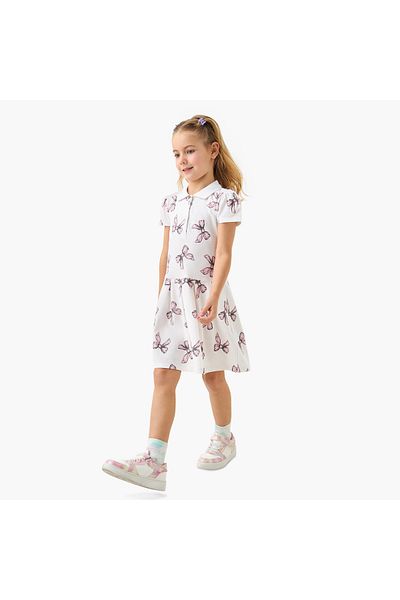 Juniors Bow Print Polo Dress with Short Sleeves