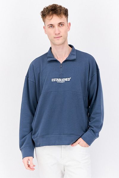 Established Redefining Essentials Men High Neck Long Sleeves Brand Logo Sweatshirt, Slate Blue