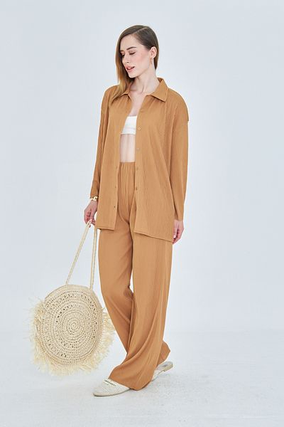so much Trendy Draped Ribbed Brown Shirt and Wide Leg Pants Set