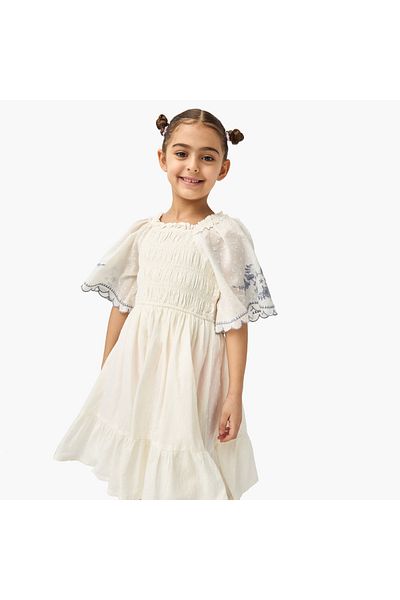 Juniors Embroidered Square Neck Dress with Flared Sleeves