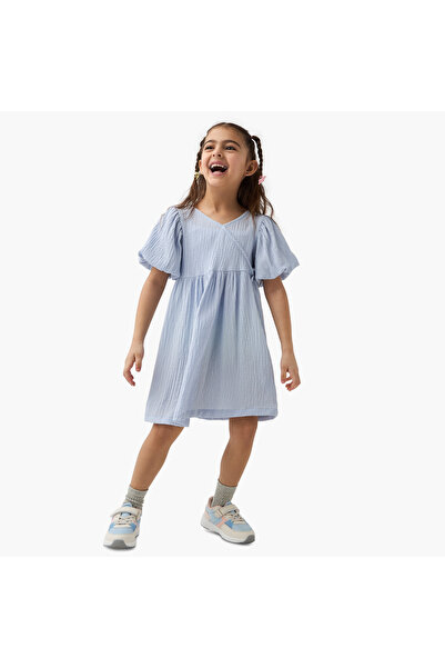 Juniors Textured A-line Dress with Puff Sleeves and V-neck
