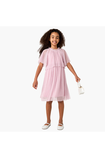 Juniors Solid A-line Dress with Pie Crust Neck and Layered Detail