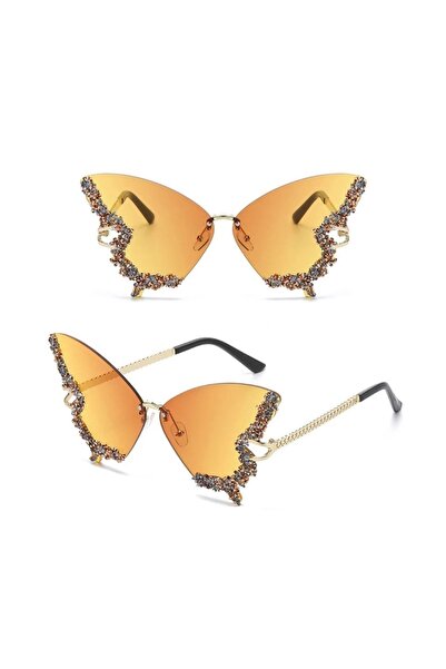 REDz Accessories Glamour Butterfly Glasses, Multicolored Crystals, Festival Fashion, UV400 Protection, Yellow