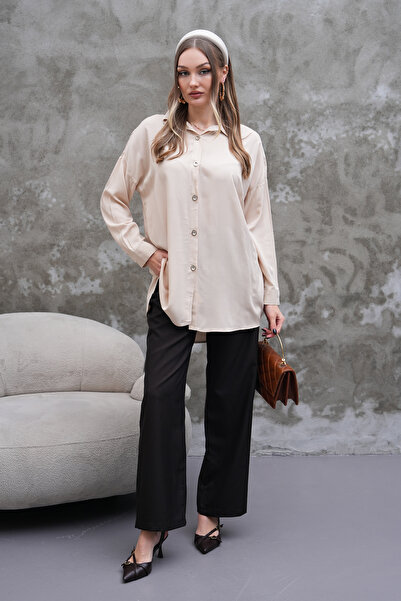 Polologin Butik Cămașă crem supradimensionat cu croială fluidă