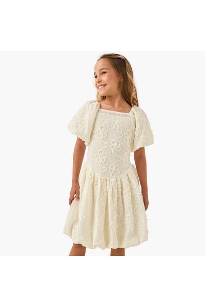 Juniors Embellished Balloon Dress with Square Neck