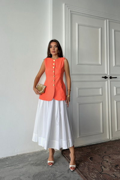 subr Jacquard Linen Vest with Gold Buttons at the Waist - Orange