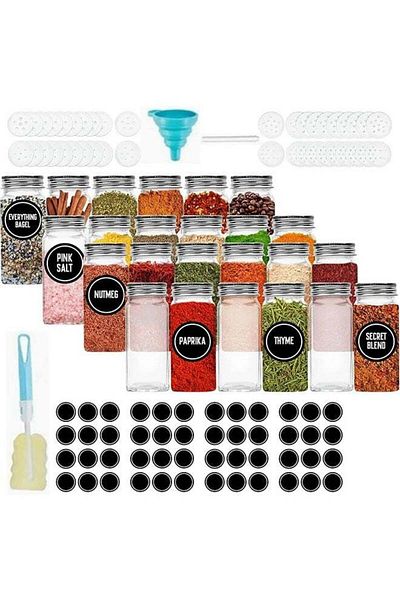COOYA 24PCS Glass Spice Jars with Labels for Spice Cabinets Racks Spice Jars for Seeds and Small Items.
