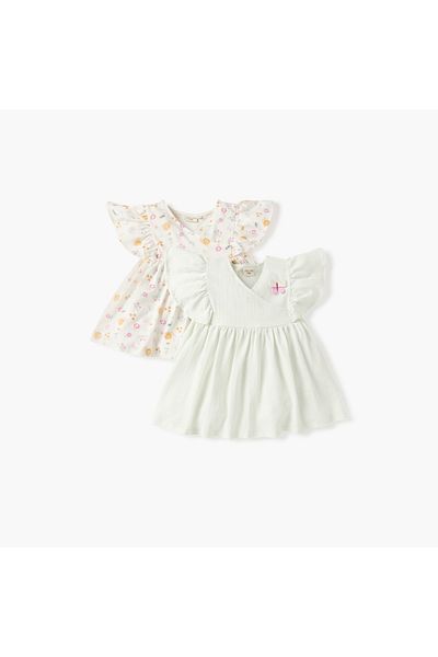 Juniors Printed A-line Dress with V-neck and Short Sleeves - Set of 2
