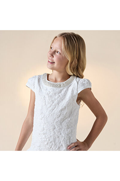 Juniors Textured Drop Waist Dress with Embellished Round Neck and Cap Sleeves