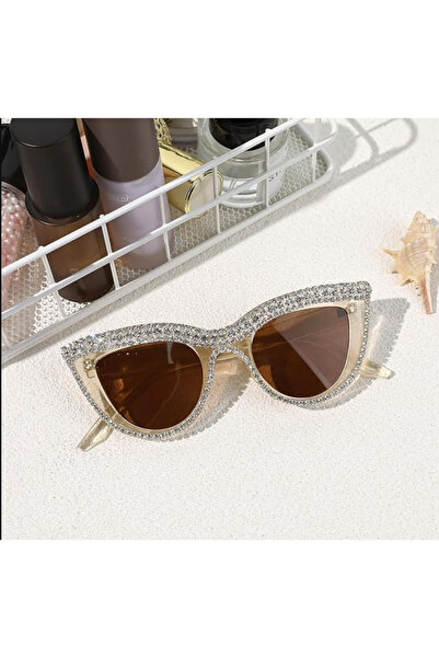 REDz Accessories Cat-Eye Sunglasses, Glamorous Design, Crystals, UV400 Protection, Transparent Brown