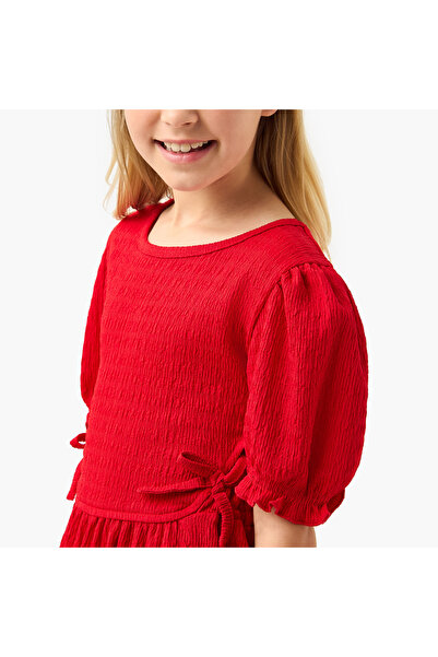 Juniors Textured Dress with Cutout Detail and Puff Sleeves