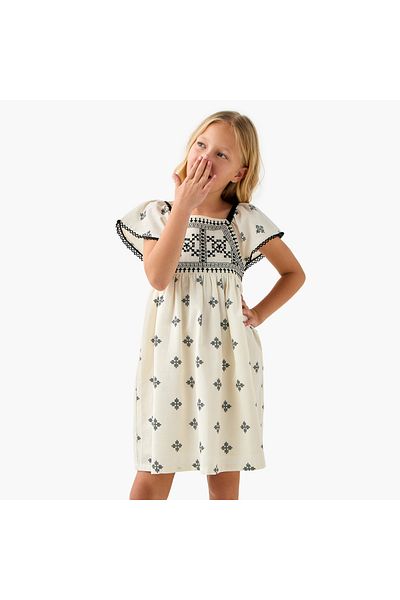ELIGO All-Over Embroidered Dress with Square Neck
