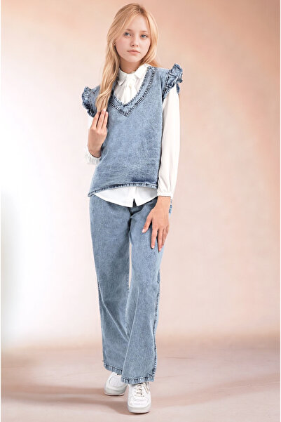 Asortik Kids Girl's 3-Piece Jeans Suit Suitable for Hijab Jeans Jeans Pants-Jeans Blouse-Chiffon Shirt