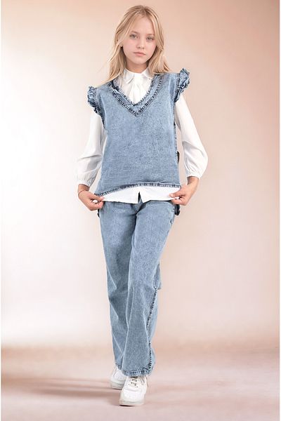 Asortik Kids Κορίτσι Παιδικό 3 τεμάχιο τζιν Jean Suit Ταιριάζει σε Τζιν Παντελόνι-Τζιν Μπλούζα-Πουκάμισο σιφόν