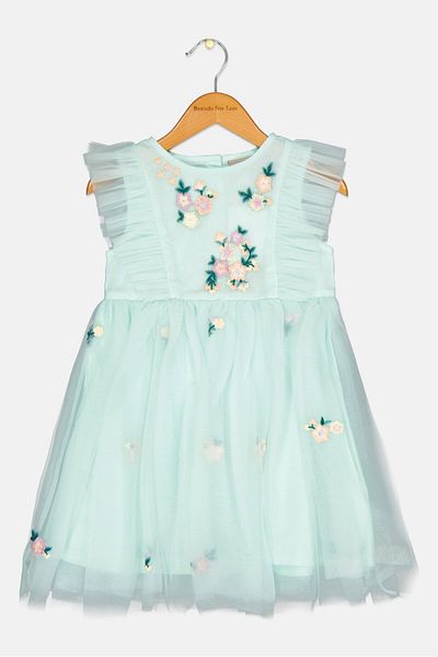 Luna Moon Kids Girl Embroidered Dress, Light Turquoise