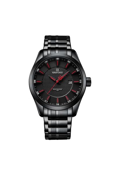Naviforce Luxury All-Black Stainless Steel Analog Watch for Men with Red Accents and Date Display