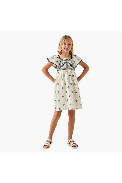 ELIGO All-Over Embroidered Dress with Square Neck