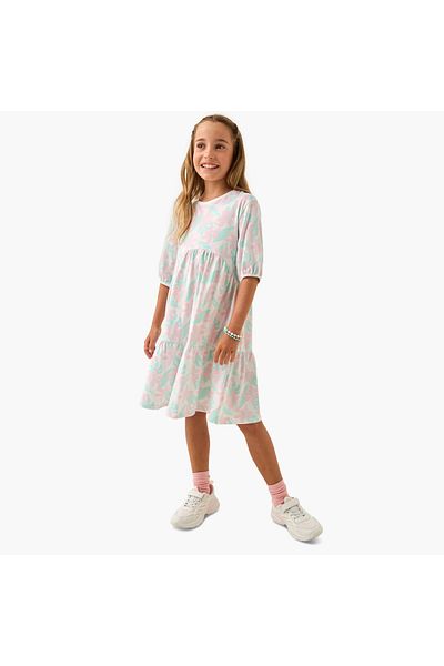Juniors All-Over Floral Print Tiered Dress with 3/4 Sleeves