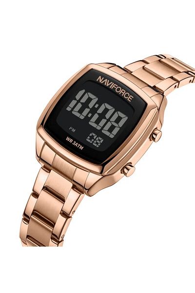 Naviforce Stylish Womens Digital Watch with Black Display Rose Gold Stainless Steel Strap LED Screen