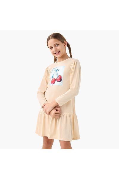 Juniors Cherry Print Drop Waist Dress with Round Neck and Long Sleeves