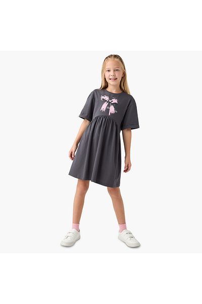 Juniors Bow Detail A-Line Dress with Short Sleeves