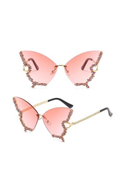 REDz Accessories Glamour Butterfly Glasses, Multicolored Crystals, Festival Fashion, UV400 Protection, Pink