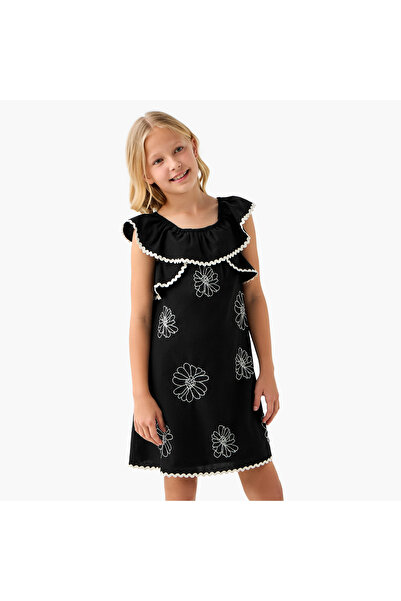 ELIGO فستان بدون أكمام مطرز بالزهور مع كشكشة