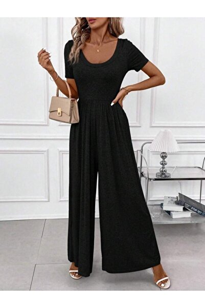 yonca aksesuar Women's Short Sleeve Round Neck Wide Leg Wrap Jumpsuit