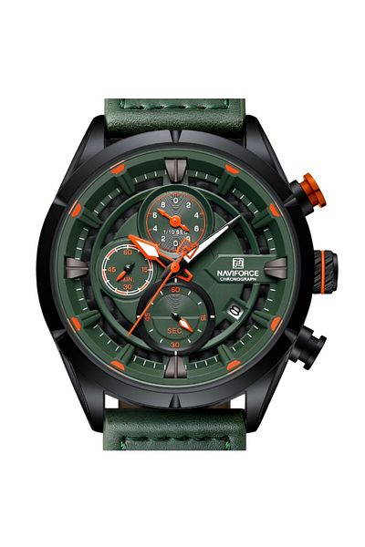 Naviforce Men's Chronograph Watch – 44mm Green Dial, Leather Strap, Quartz Movement, Water Resistant