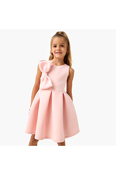 Juniors Bow Detail A-Line Sleeveless Dress with Zip Closure