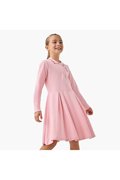 Juniors New York Embroidered Polo Dress with Long Sleeves and Pleats
