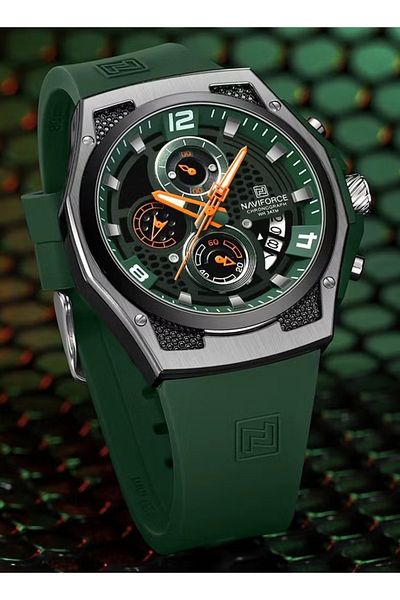 Naviforce Sporty Chronograph Watch for Men with Durable Silicone Strap Unique Dial Design Luminous Hands