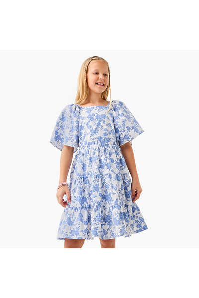 Juniors All-Over Floral Print Dress with Flutter Sleeves