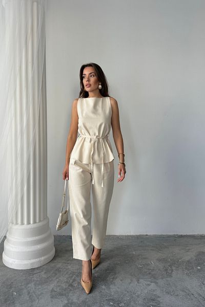 COTTONLAB Linen blouse - trousers set massi̇mo modelscreat fabric - beige