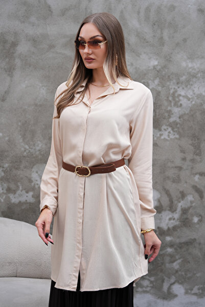 Polologin Butik Belted Long Cream Shirt Tunic