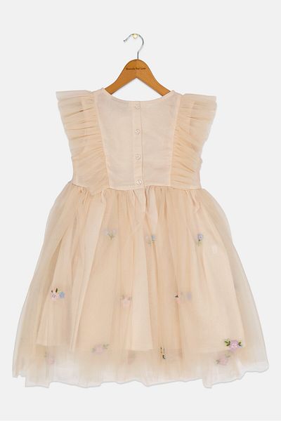 Luna Moon Kids Girl Embroidered Mesh Dress, Beige