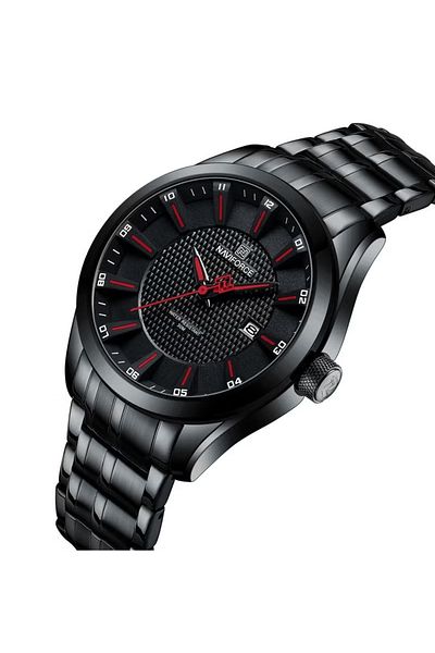 Naviforce Luxury All-Black Stainless Steel Analog Watch for Men with Red Accents and Date Display