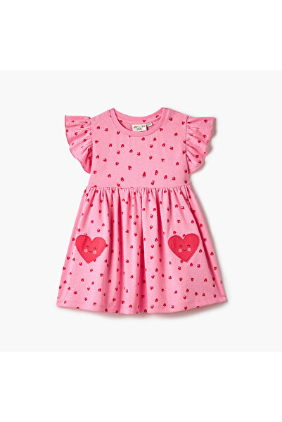 Juniors All-Over Heart Print A-line Dress with Round Neck and Flutter Sleeves