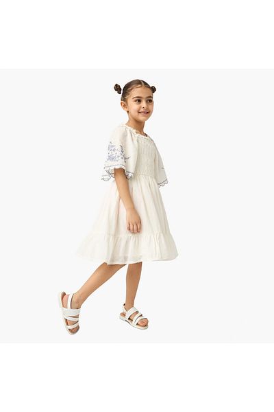Juniors Embroidered Square Neck Dress with Flared Sleeves