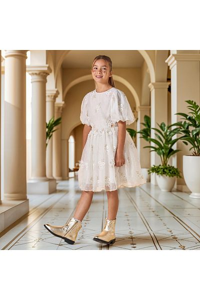 ELIGO Embroidered A-Line Dress with Puff Sleeves