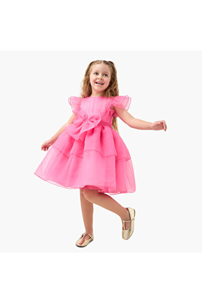 Juniors Bow Detail Tiered Dress with Round Neck and Short Layered Sleeves